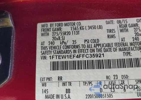 2015 Ford F-150 Platinum из США, поврежденный, VIN 1FTEW1EF4FFC35921